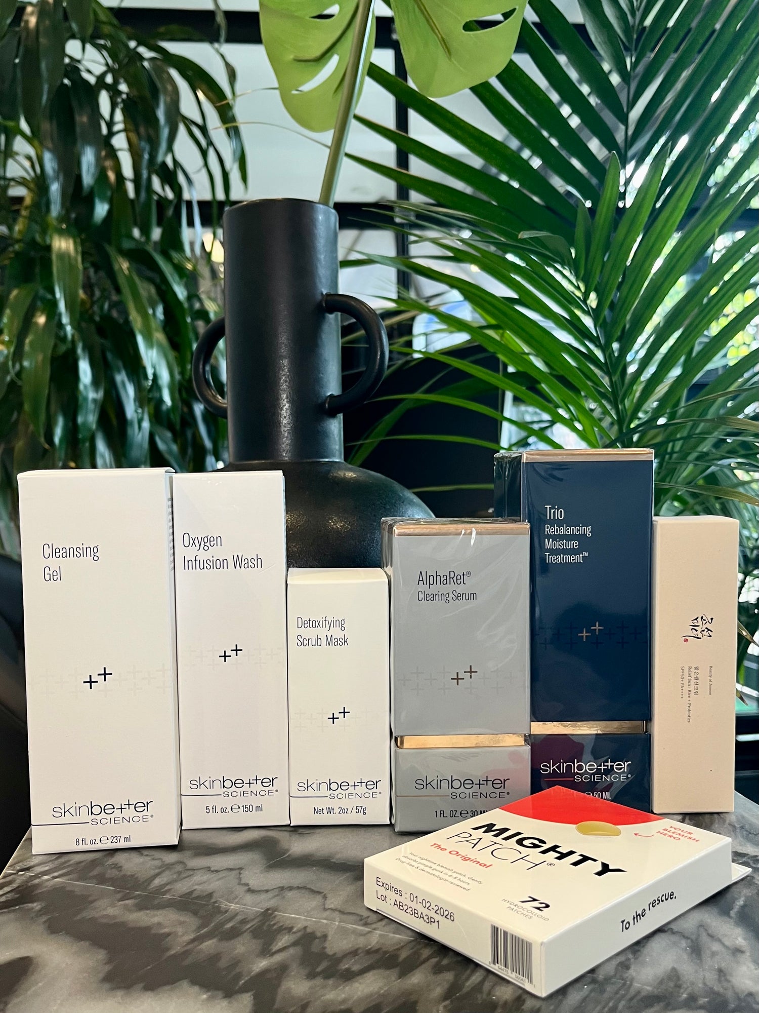 Cleansing Gel, Oxygen Infusion Wash, Detoxifying Scrub Mask, AlphaRet Clearing Serum, Trio Rebalancing Moisture Treatment, Mighty Patch, Relief Sun: Rice + Probiotics